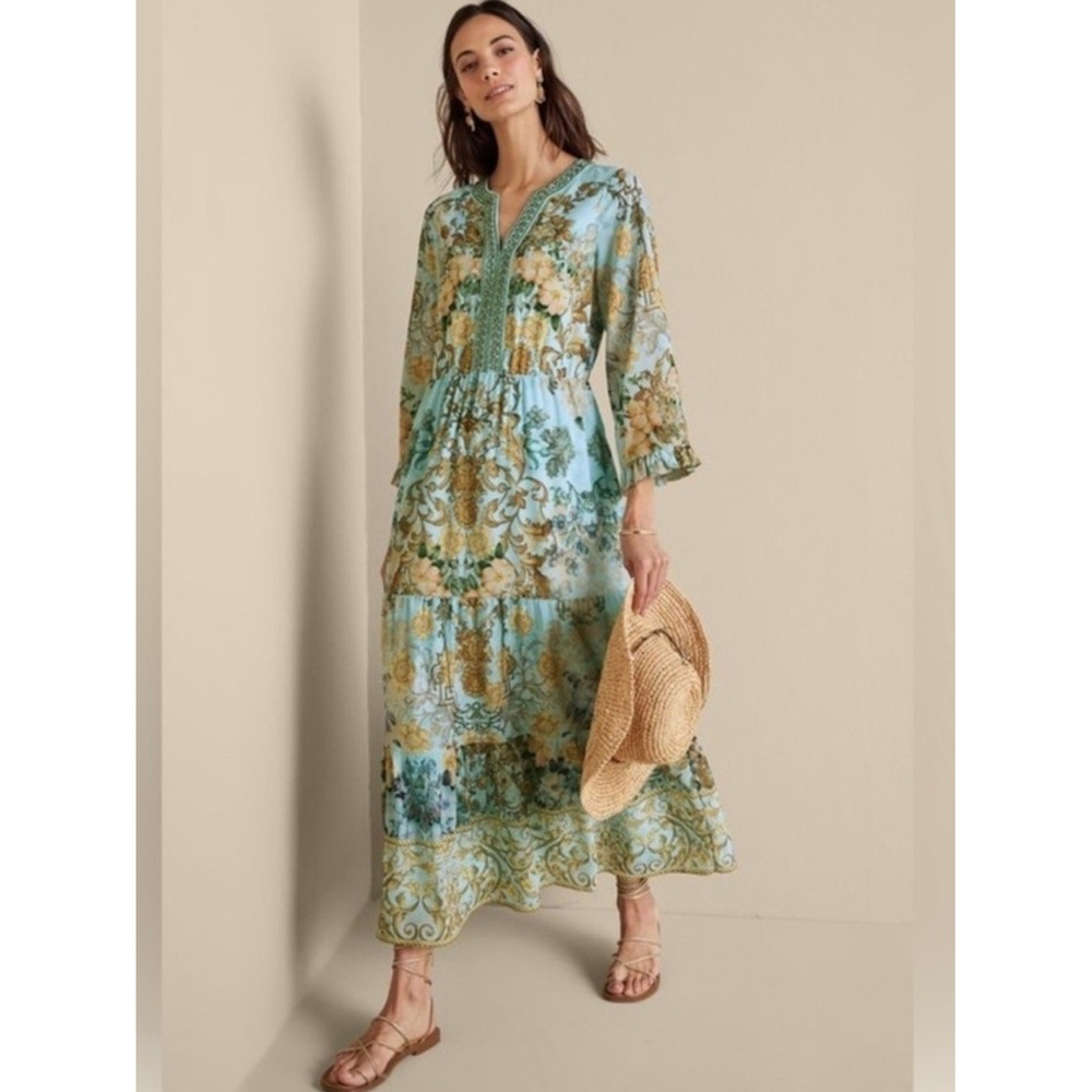 Soft Surroundings Coastal Blue Gold Baroque Maxi Dress Beaded Resort Art Medium